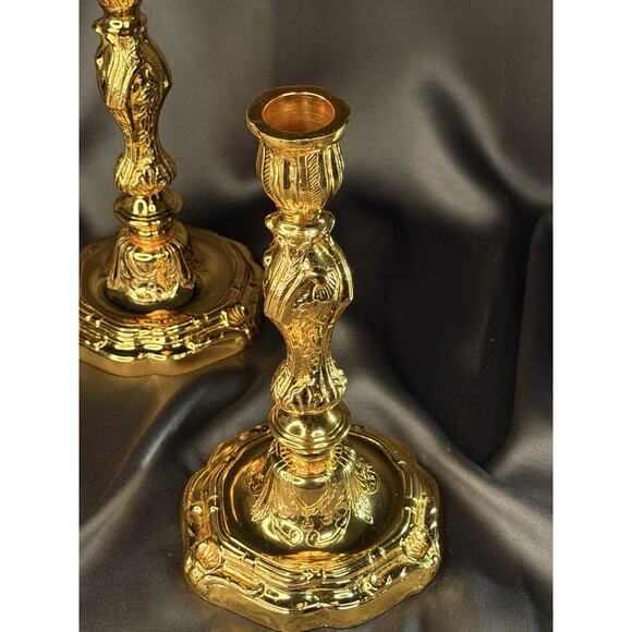 Solid Brass Candlestick Pair 10” Heavy Gold Finish Vintage French Style - Picture 8 of 14